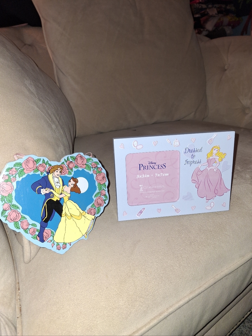 Disney Pink & Yellow Princess Picture Frame and Beauty and the beast plaque